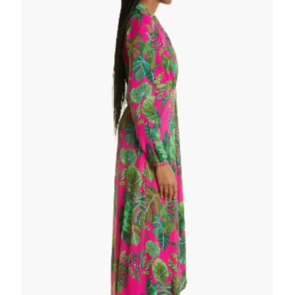 Farm Rio Pink Tropical Leaf Print Deep V-Neck Long Sleeve Maxi Dress Woman - Picture 2 of 14